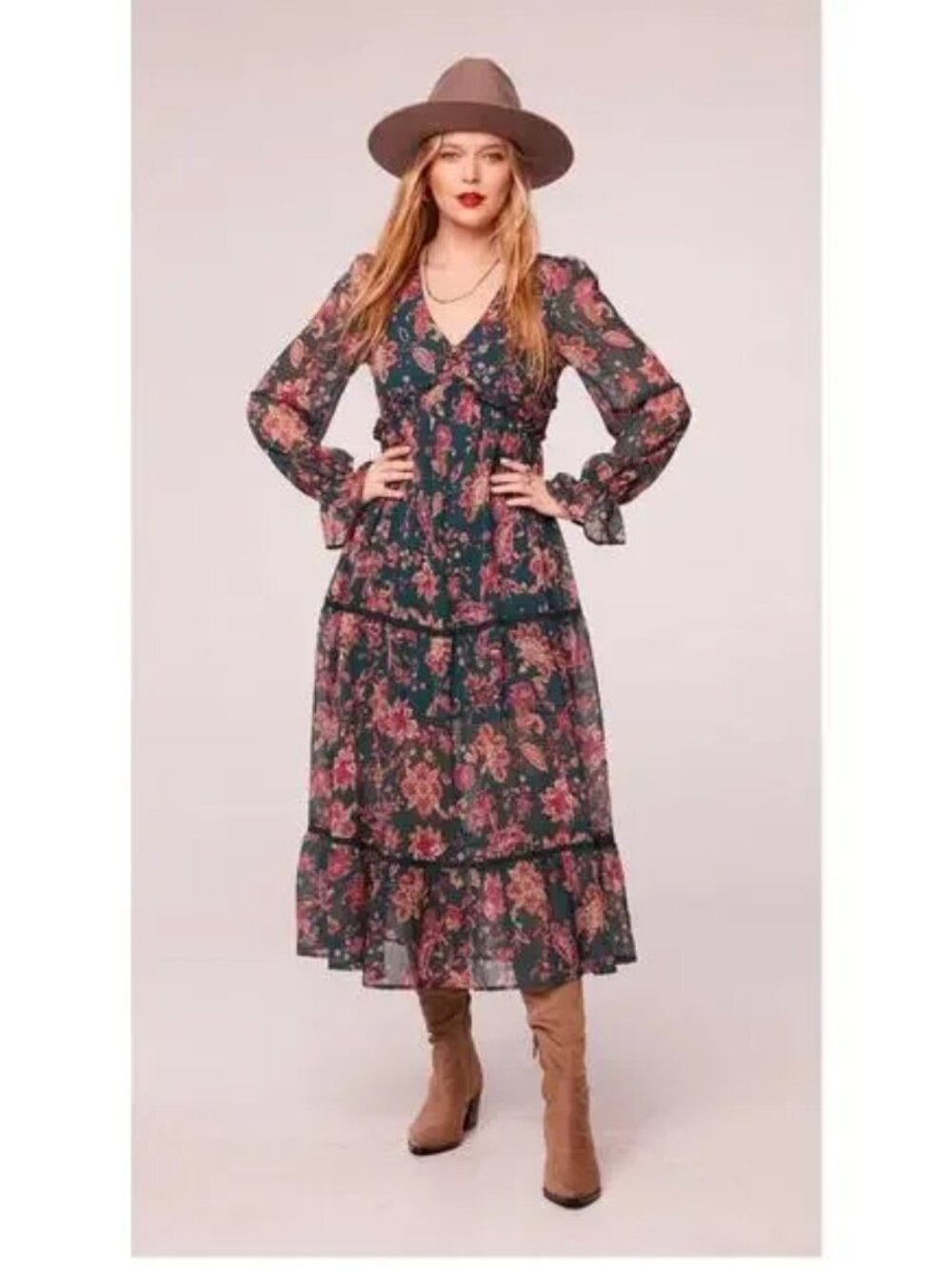 BOG Band of the Free Size Small "Run The World" Pine Paisley Empire Midi Dress